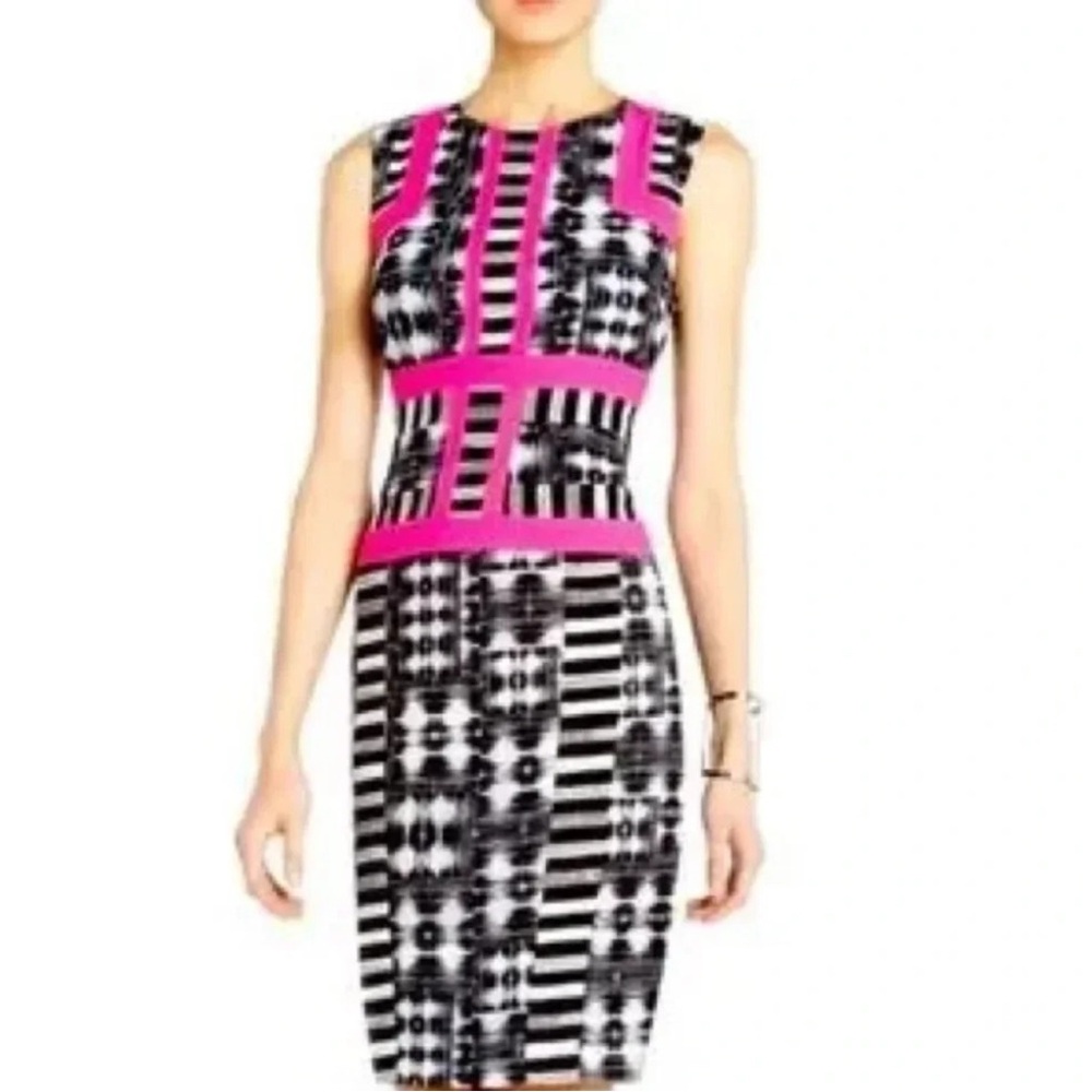 BCBGMAXAZRIA Elouise Black White Pink Fitted Sheath Cocktail Dress Size 2 XS